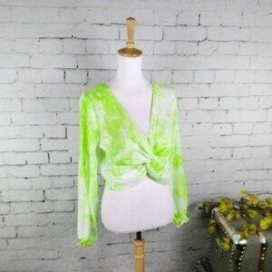 Lumiere Twist Front Tie Dye Long Sleeve Cropped Top Neon Green White Size Small